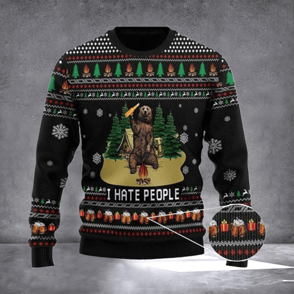 Bear Drinking I Hate People Ugly Christmas Sweater Warm Clothes For Winter Xmas Party Outfits - Otakuforge
