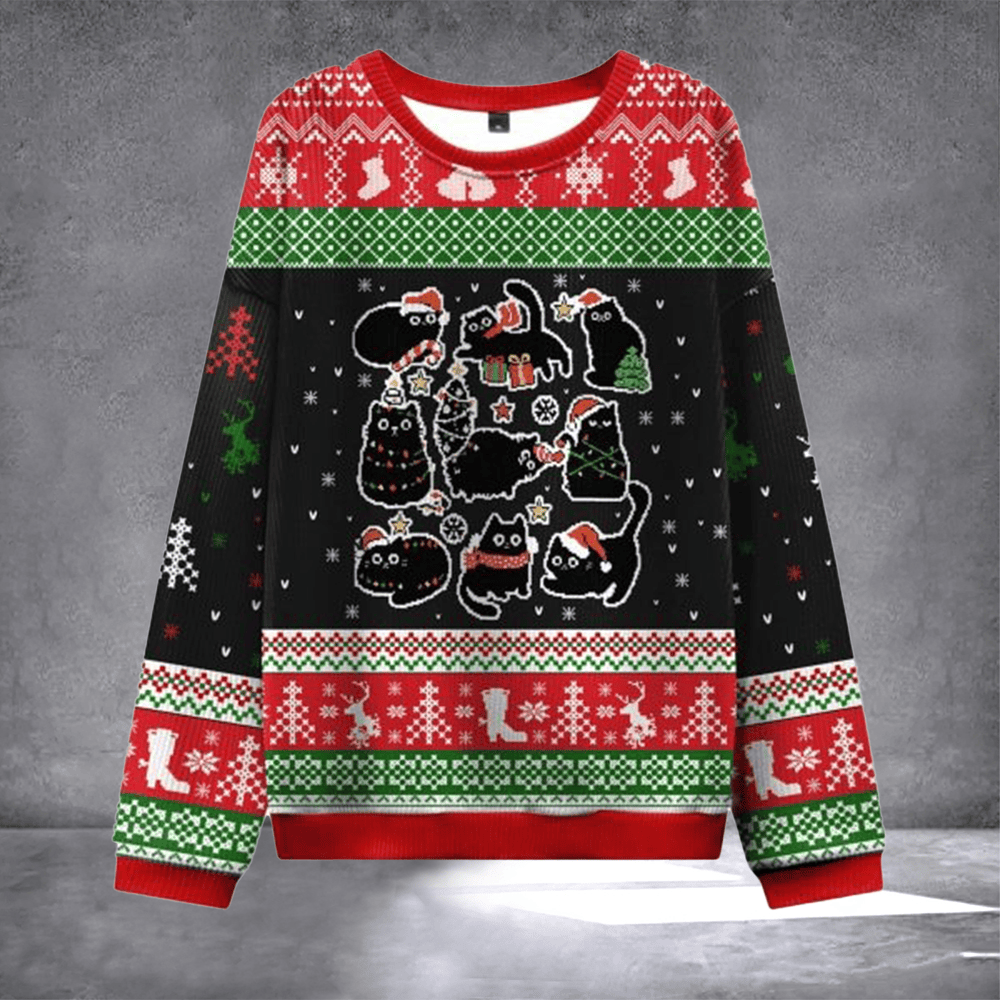 Black Cat Ugly Christmas Sweater Adorable Winter Apparel Cat Lovers Christmas Gifts - Otakuforge