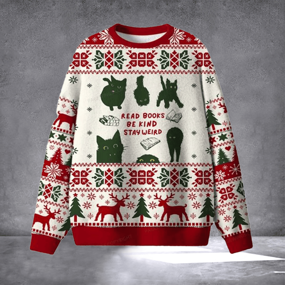 Cat Read Books Be Kind Stay Weird Ugly Christmas Sweater Winter Apparel Holiday Clothing Gifts - Otakuforge