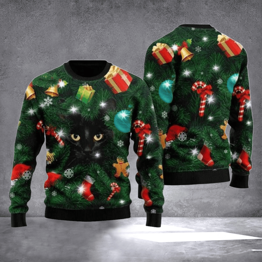 Black Cat Ugly Christmas Sweater Festive Clothing Christmas Outfits Holiday Gifts For Cat Lover - Otakuforge