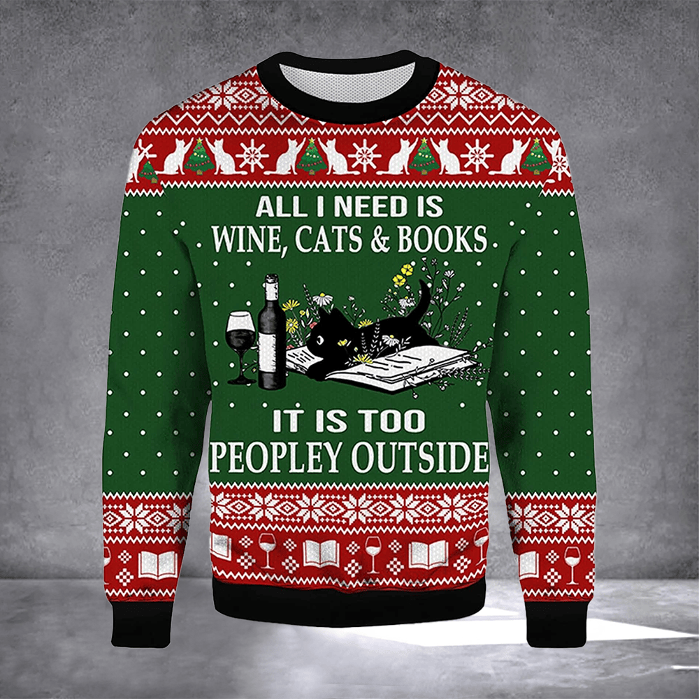 Cat All I Need Is Wine Cats And Books Ugly Christmas Sweater Winter Apparel Book Lovers Gifts - Otakuforge