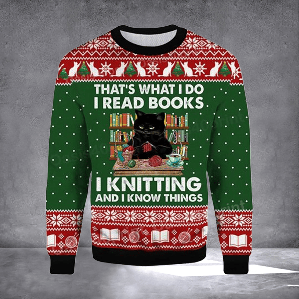 Cat That's What I Do I Read Books Ugly Christmas Sweater Festive Apparel Cat Owners Xmas Gifts - Otakuforge