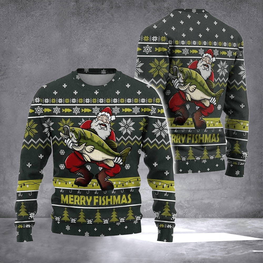 Merry Fishmas Santa Ugly Christmas Sweater Funny Holiday Apparel Xmas Gifts For Fishing Lover - Otakuforge