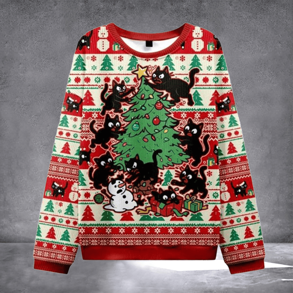 Black Cats Destroying Christmas Tree Ugly Christmas Sweater Festive Apparel Xmas Outfits Gifts - Otakuforge