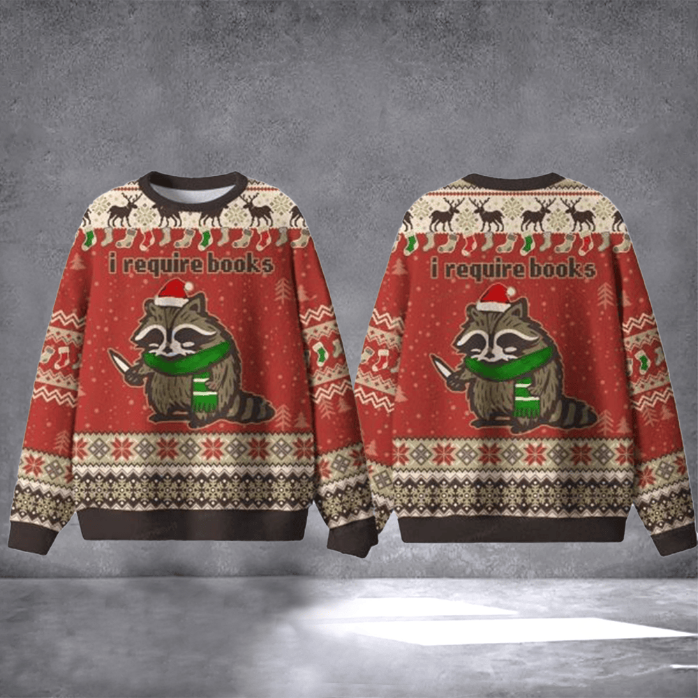 Raccoon I Require Books Ugly Christmas Sweater Funny Holiday Clothing Raccoon Lover Xmas Gifts - Otakuforge