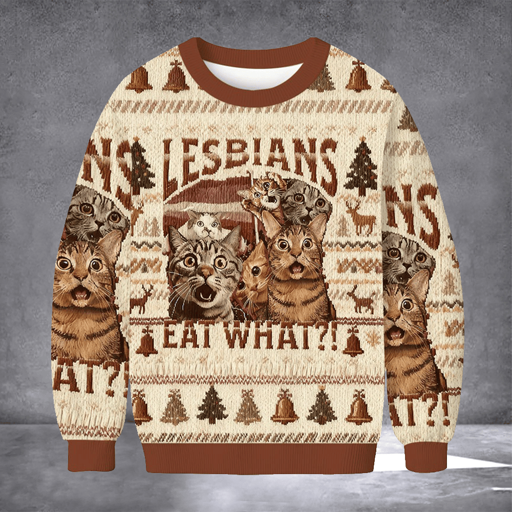 Cat Lesbians Eat What Ugly Christmas Sweater Funny Meme Clothing Winter Apparel Cat Lover Gifts - Otakuforge