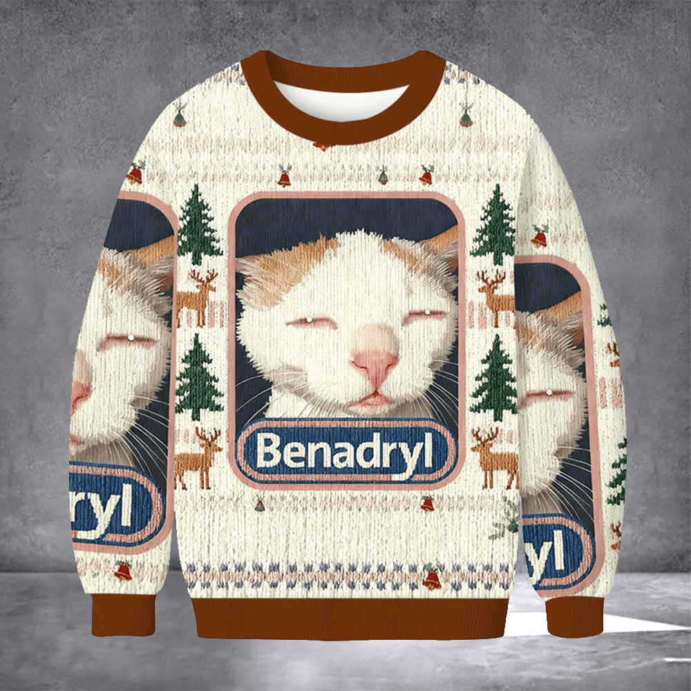 Tokyocanvas Benadryl Cat Meme Ugly Christmas Sweater Hilarious Cat Apparel Pet Lovers Gifts - Otakuforge