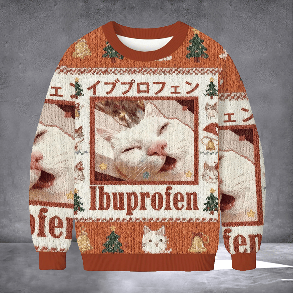 Tokyocanvas Ibuprofen Cat Meme Ugly Christmas Sweater Funny Kitten Xmas Clothing Gifts Idea - Otakuforge