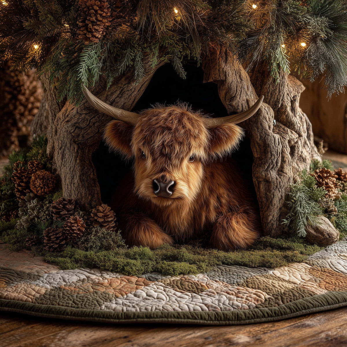 Highland Cow Calf Quilted Tree Skirt Christmas Home Decor Ideas Gift For Cow Lover - Otakuforge