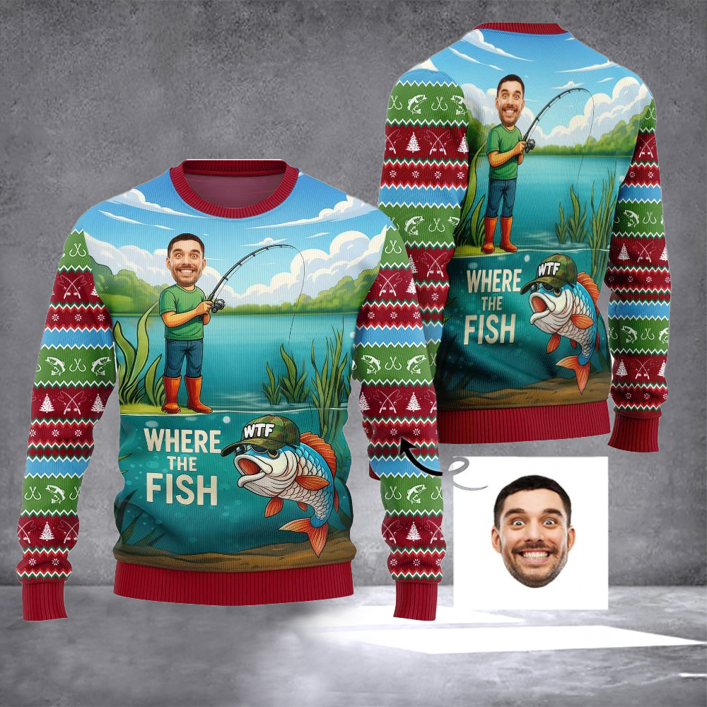 Personalized Photo Where The Fish Ugly Christmas Sweater Xmas Apparel Gifts For Fishing Lovers - Otakuforge