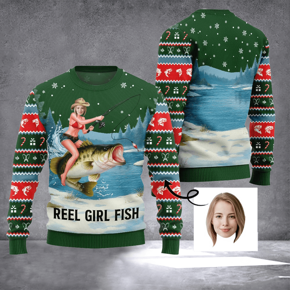 Personalized Photo Reel Girl Fish Ugly Christmas Sweater Xmas Clothing Gifts For Fish Lovers - Otakuforge