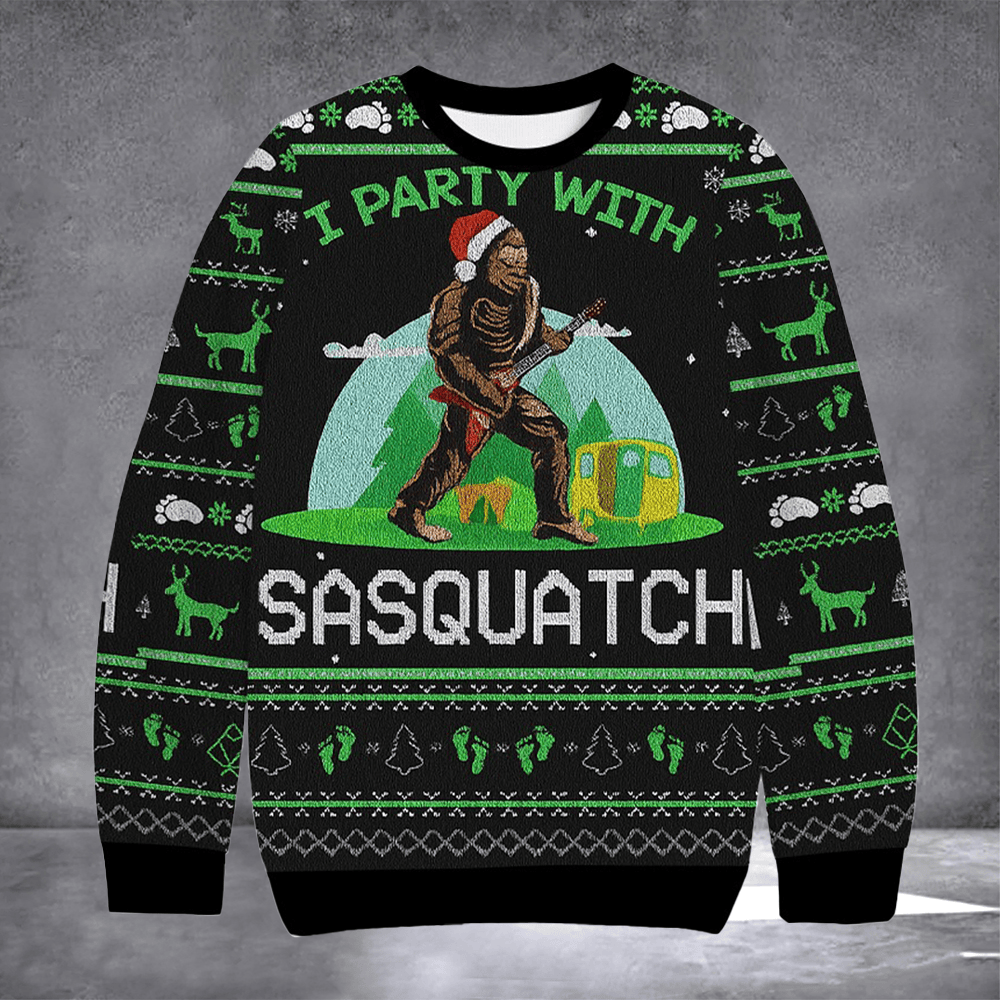 I Party With Sasquatch Ugly Christmas Sweater Winter Apparel Xmas Gifts For Bigfoot Lovers - Otakuforge