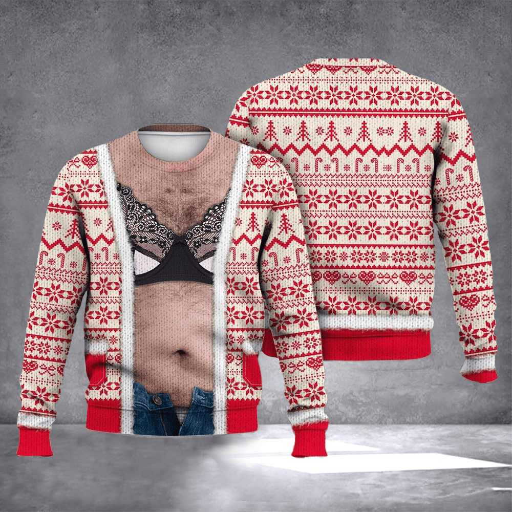 Hairy Belly Bra Realistic Ugly Christmas Sweater Funny Xmas Clothing Christmas Presents For Men - Otakuforge