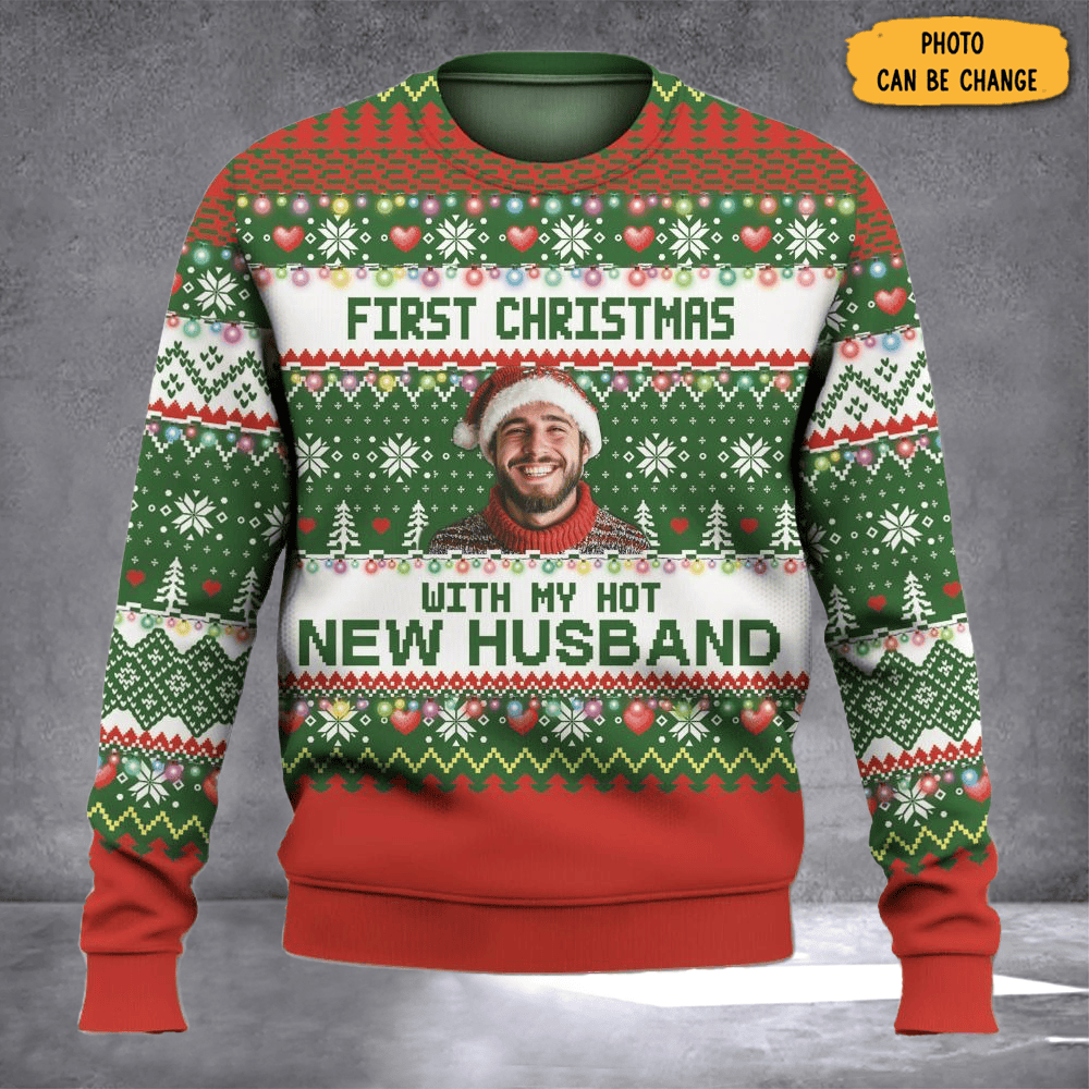 Custom Photo First Christmas With My Hot New Husband Ugly Christmas Sweater Gift For Wife - Otakuforge