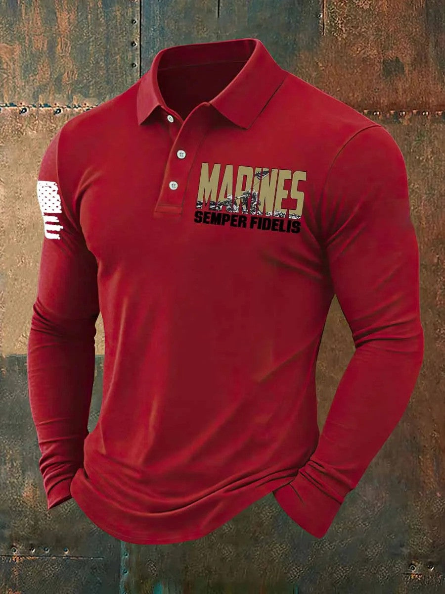 Marines Semper Fidelis Long Sleeve Polo Shirt USA Flag USMC Merch Patriotic Gifts For Men - Otakuforge