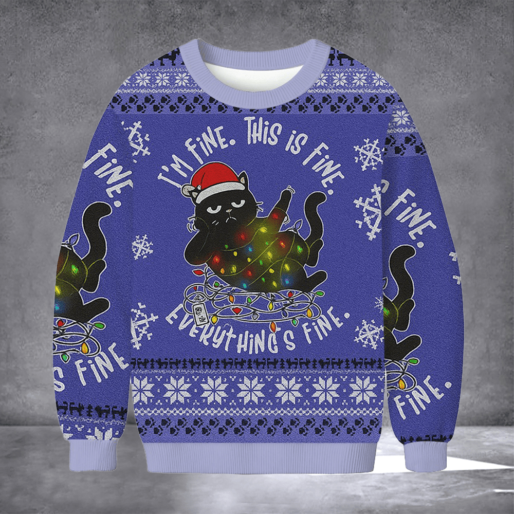 Black Cat I'm Fine This Is Fine Ugly Christmas Sweater Funny Cat Meme Clothing Xmas Presents - Otakuforge