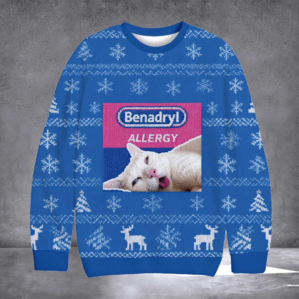 Cat Benadryl Allergy Ugly Christmas Sweater Cat Meme Clothing Xmas Gifts For Him - Otakuforge