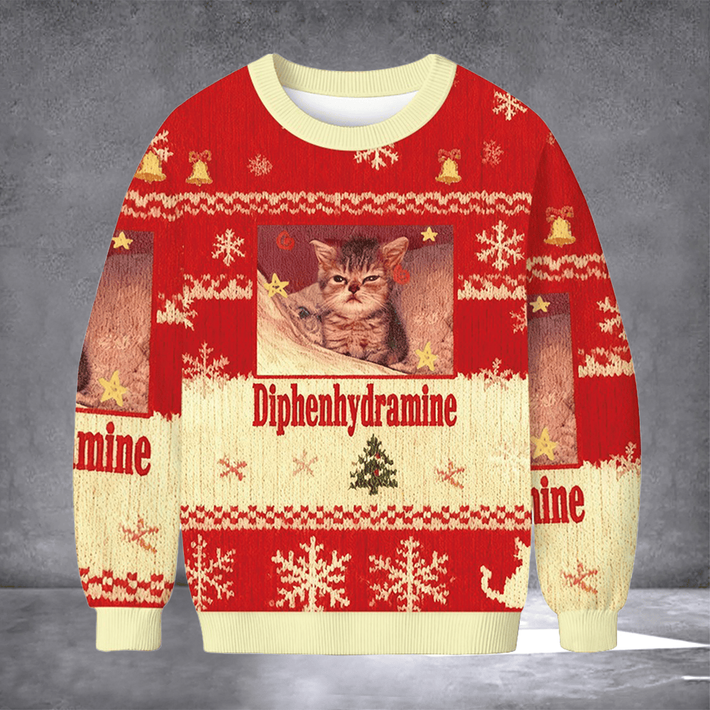 Cat Diphenhydramine Ugly Christmas Sweater Funny Cat Meme Apparel Christmas Gifts For Her - Otakuforge