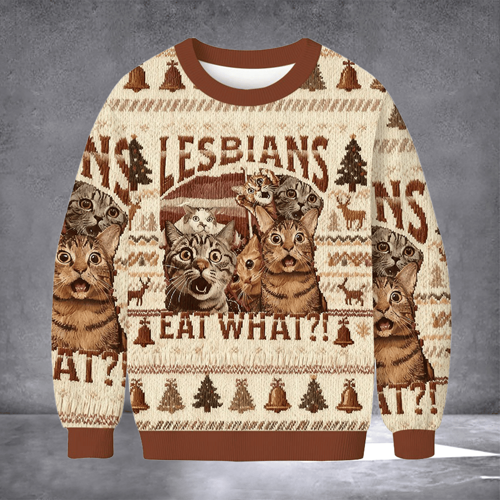 Cat Lesbians Eat What Ugly Christmas Sweater Humorous Winter Clothing Xmas Gifts For Her - Otakuforge