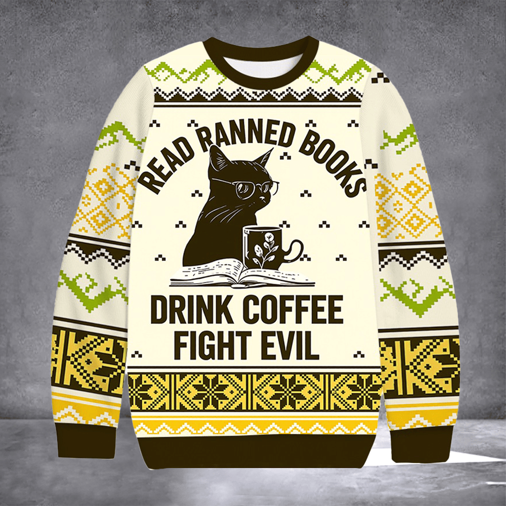 Cat Read Ranned Books Ugly Christmas Sweater Funny Xmas Sweater Gift For Cat Lover - Otakuforge