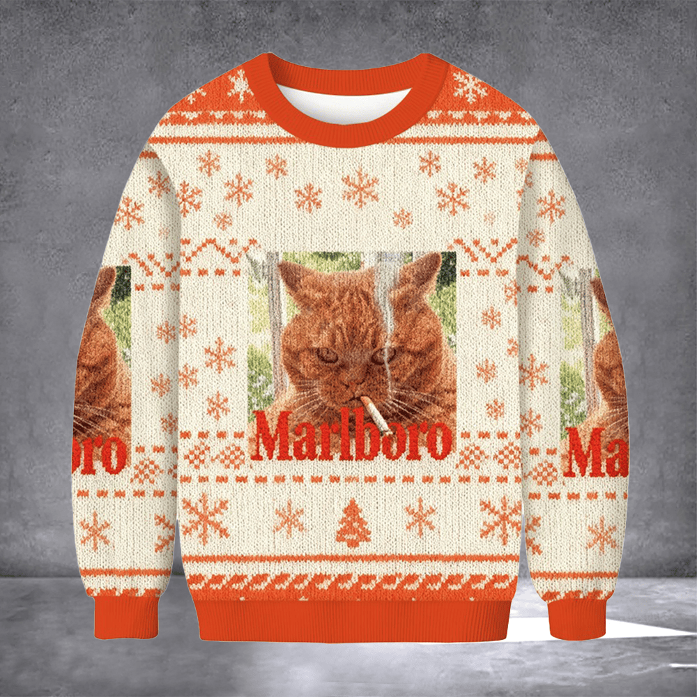 Cat Smoking Marlboro Ugly Christmas Sweater Winter Apparel Funny Cat Meme Gifts For Her - Otakuforge