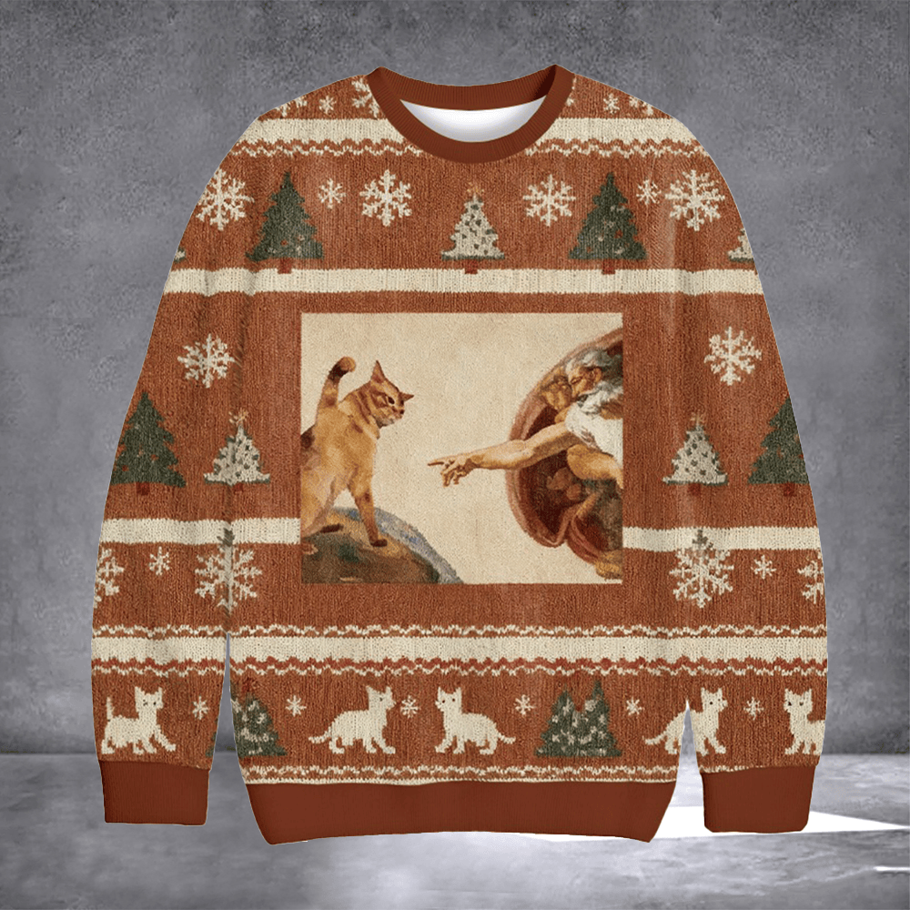 Cat The Creation Of Adam Ugly Christmas Sweater Funny Xmas Clothing Michelangelo Lovers Gifts - Otakuforge