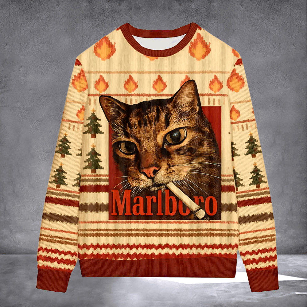 Cat Smoking Marlboro Ugly Christmas Sweater Xmas Party Outfits Christmas Gifts For Cat Lover - Otakuforge