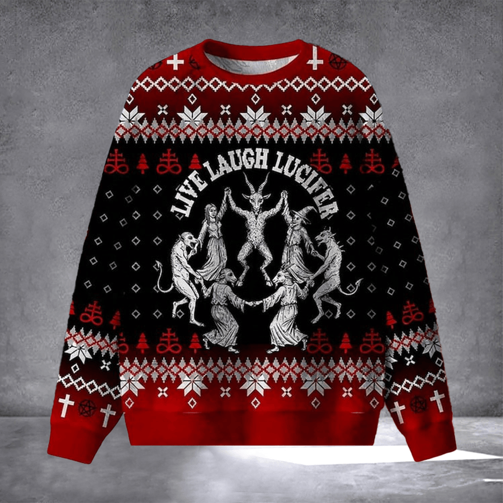 Live Laugh Lucifer Ugly Christmas Sweater Occult Holiday Sweater Baphomet Dance Jumper - Otakuforge