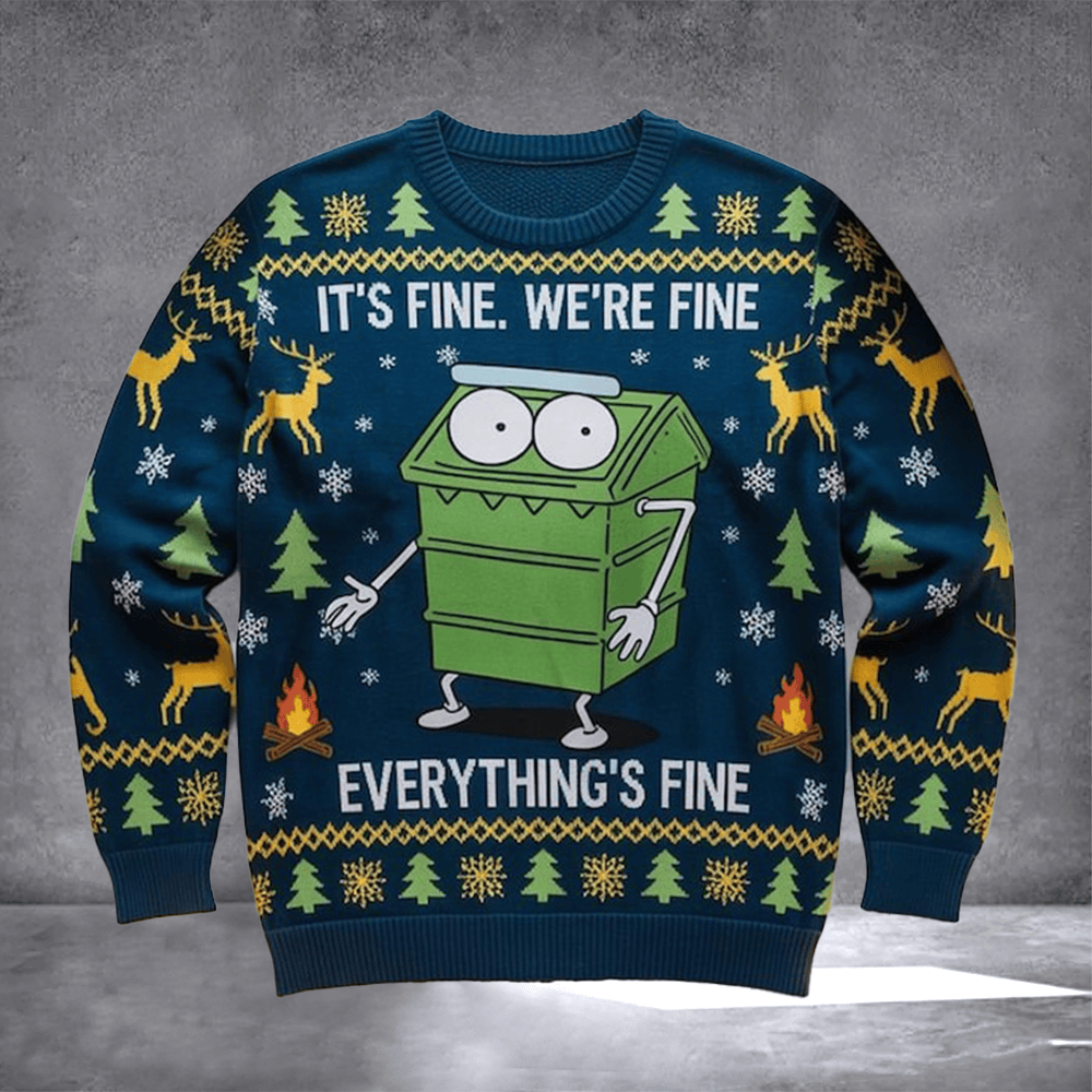It's Fine We're Fine Dumpster Fire Ugly Christmas Sweater Funny Dumpster Fire Merch Xmas Gift - Otakuforge