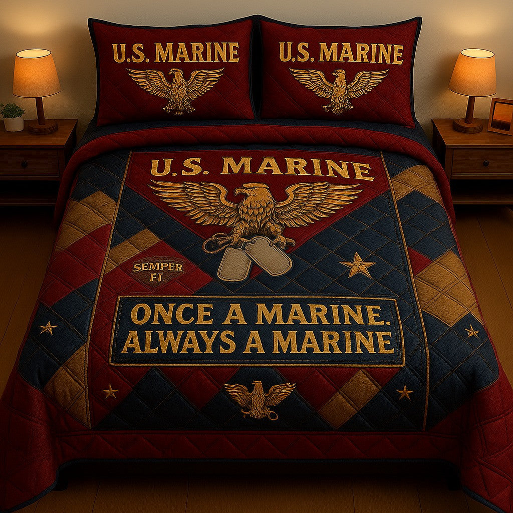 US Marine Quilted Bedding Set Once A Marine Always A Marine USMC Merch Gifts For Veteran - Otakuforge