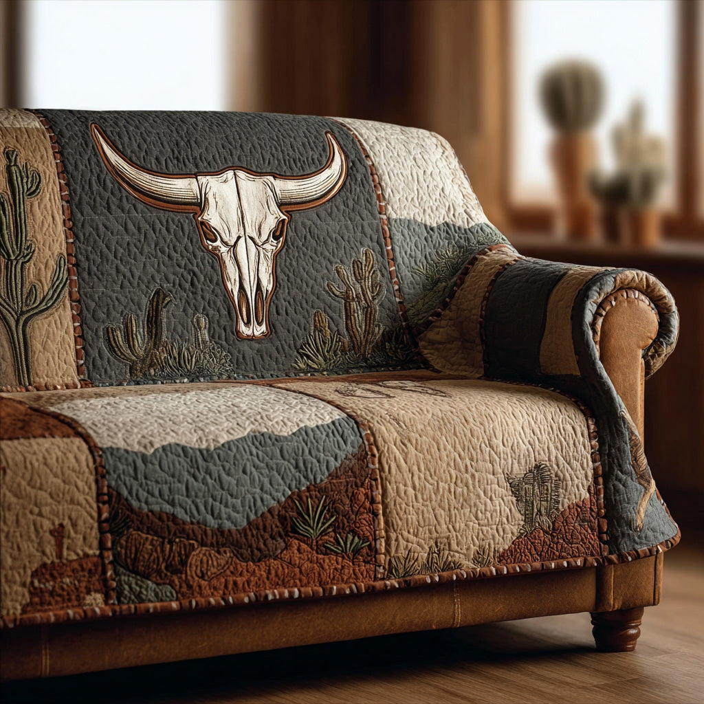 Sagebrush Longhorn Desert Quilted Sofa Cover Native Style Boho Home Decor Gifts For Skull Lovers - Otakuforge