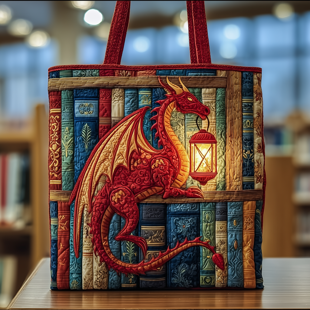 Book And Dragon Quilted Tote Bag Cute Work Tote Christmas Gifts For Grandma - Otakuforge