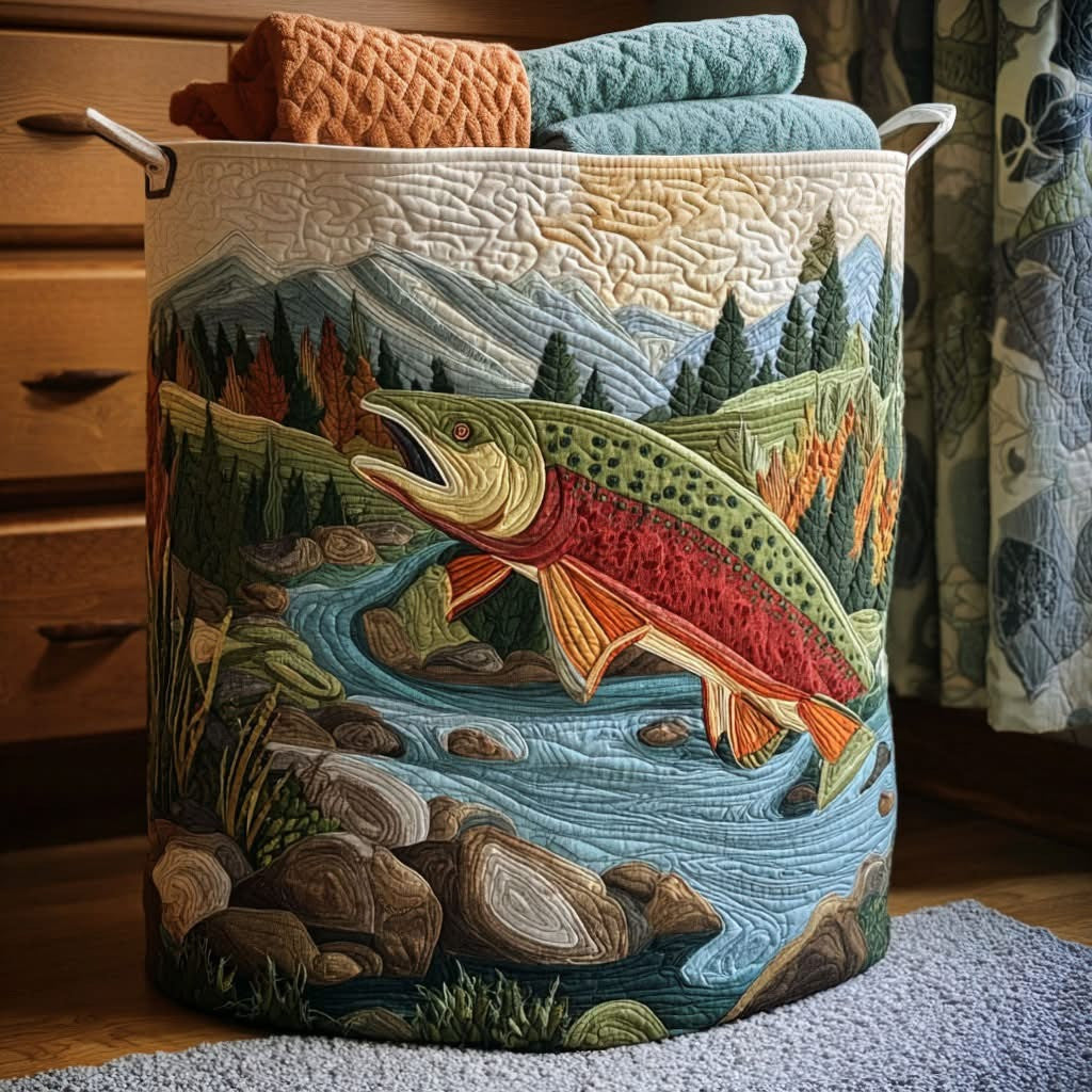 Fishing Mountain Stream Serenity Quilted Laundry Basket Best Hamper Basket Best Fishing Gifts - Otakuforge