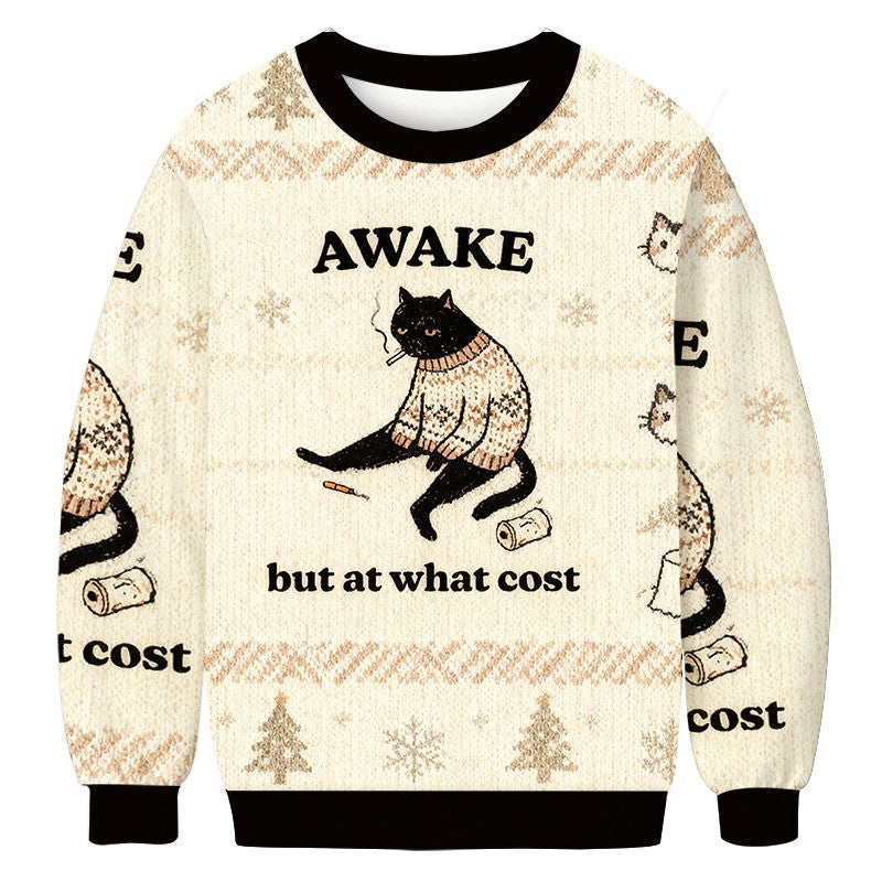 Cat Awake But At What Cost Christmas Ugly Sweater Smoking Cat Funny Clothing Gifts - Otakuforge