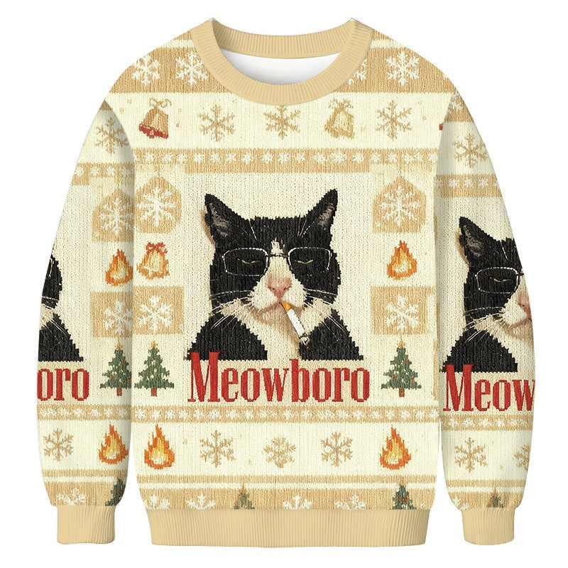 Cat Smoking Meowoboro Cigarette Ugly Christmas Sweater Funny Cat Meme Xmas Jumpers - Otakuforge