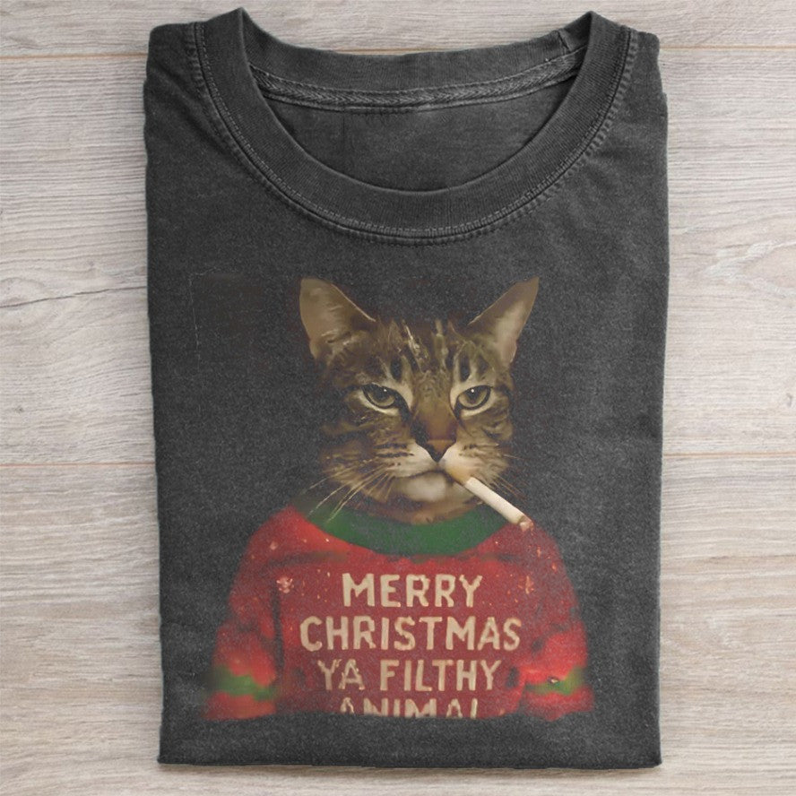 Smoking Cat Wearing Christmas Sweater T-Shirt Funny Cat Meme Tee Xmas Gifts For Friends - Otakuforge