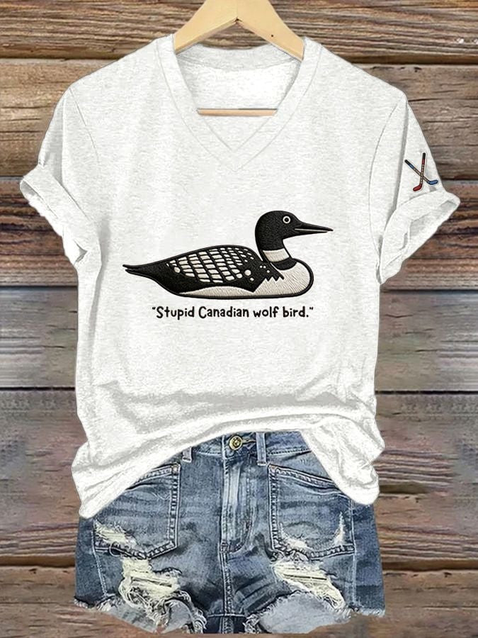 Heated Rivalry Stupid Canadian Wolf Bird V-Neck Shirt Women's Heated Rivalry Merch Shop - Otakuforge
