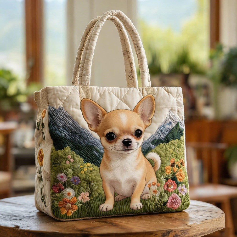Chihuahua Quilted Tote Bag Cute Dog Floral Totes Best Gifts For Chihuahua Owners Lovers - Otakuforge
