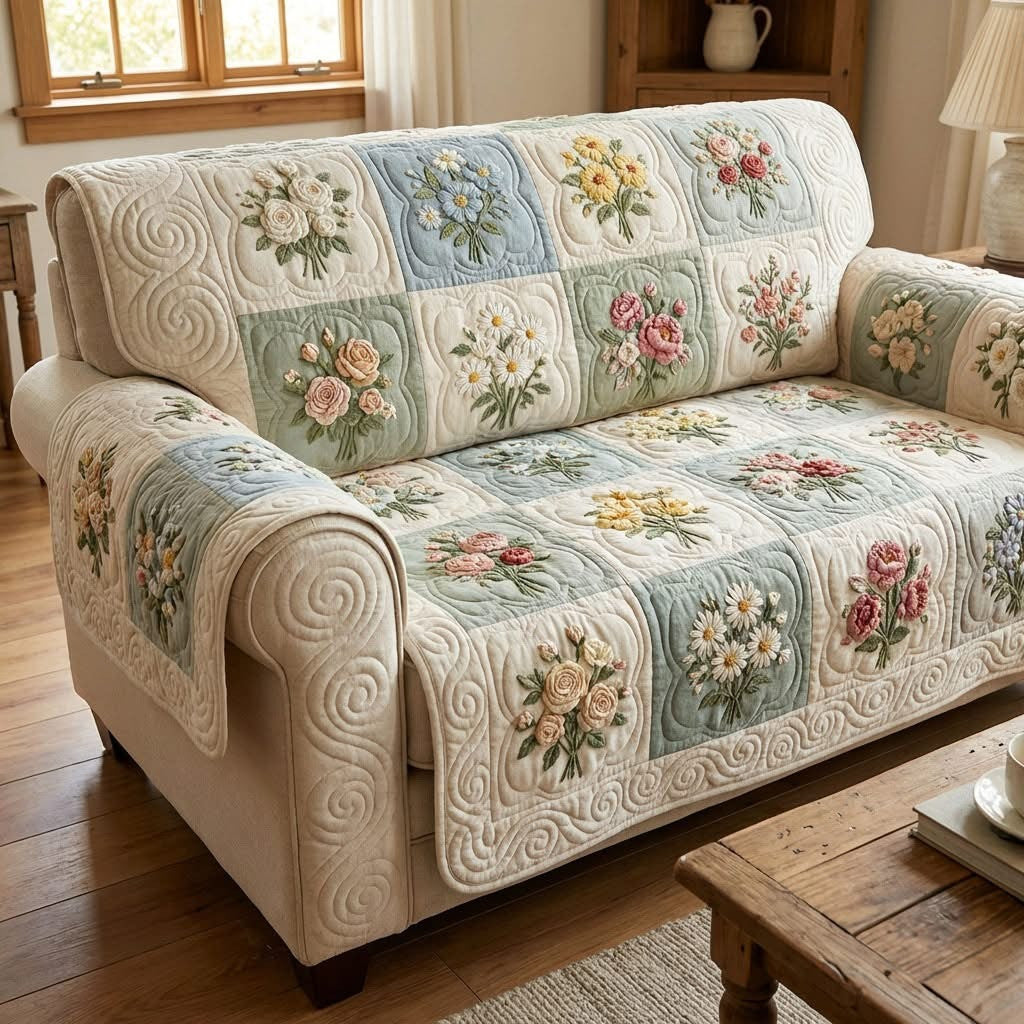 Flower Bouquet Quilted Sofa Cover Rustic Home Decor Unique Gifts For Flower Lovers - Otakuforge