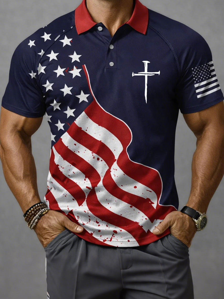 American Flag Faith Cross Polo Shirt USA Flag Golf Shirts Patriotic Apparel Gifts For Men - Otakuforge