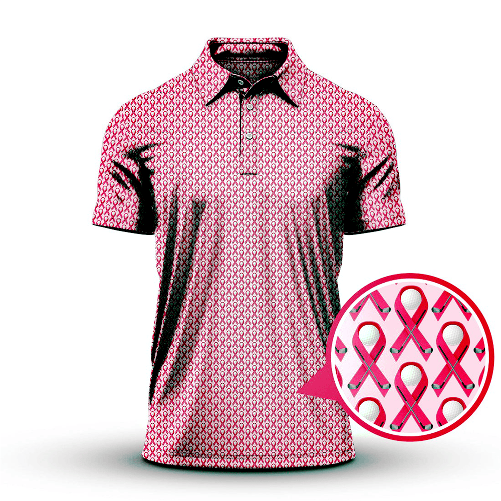 Breast Cancer Awareness Golf Polo Shirt Pink Ribbon Collared Shirts Gifts For Him - Otakuforge
