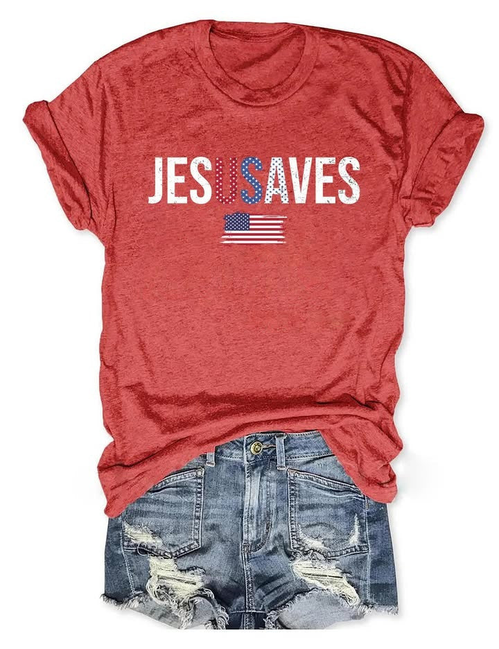 Jesus Saves USA Flag T-Shirt Christian Patriot Merch Gift For 4th of July - Otakuforge