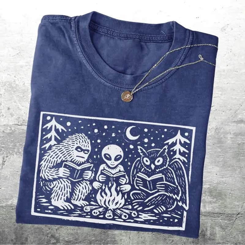 Cryptid Book Club T-Shirt Bigfoot Alien Mothman Reading Campfire Cloths Gift For Men - Otakuforge