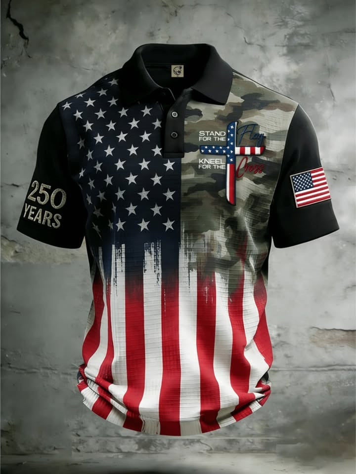 America 250 Years Polo Shirt Stand For The Flag Kneel For The Cross Merch Gift For Veterans - Otakuforge