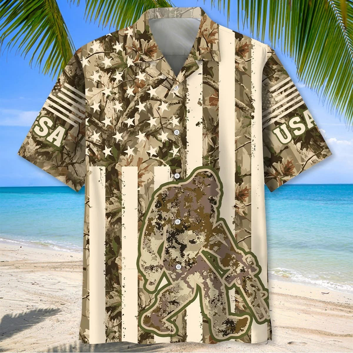 Bigfoot American Flag Camouflage Hawaiian Shirt Summer Patriotic Clothing Gift Ideas - Otakuforge