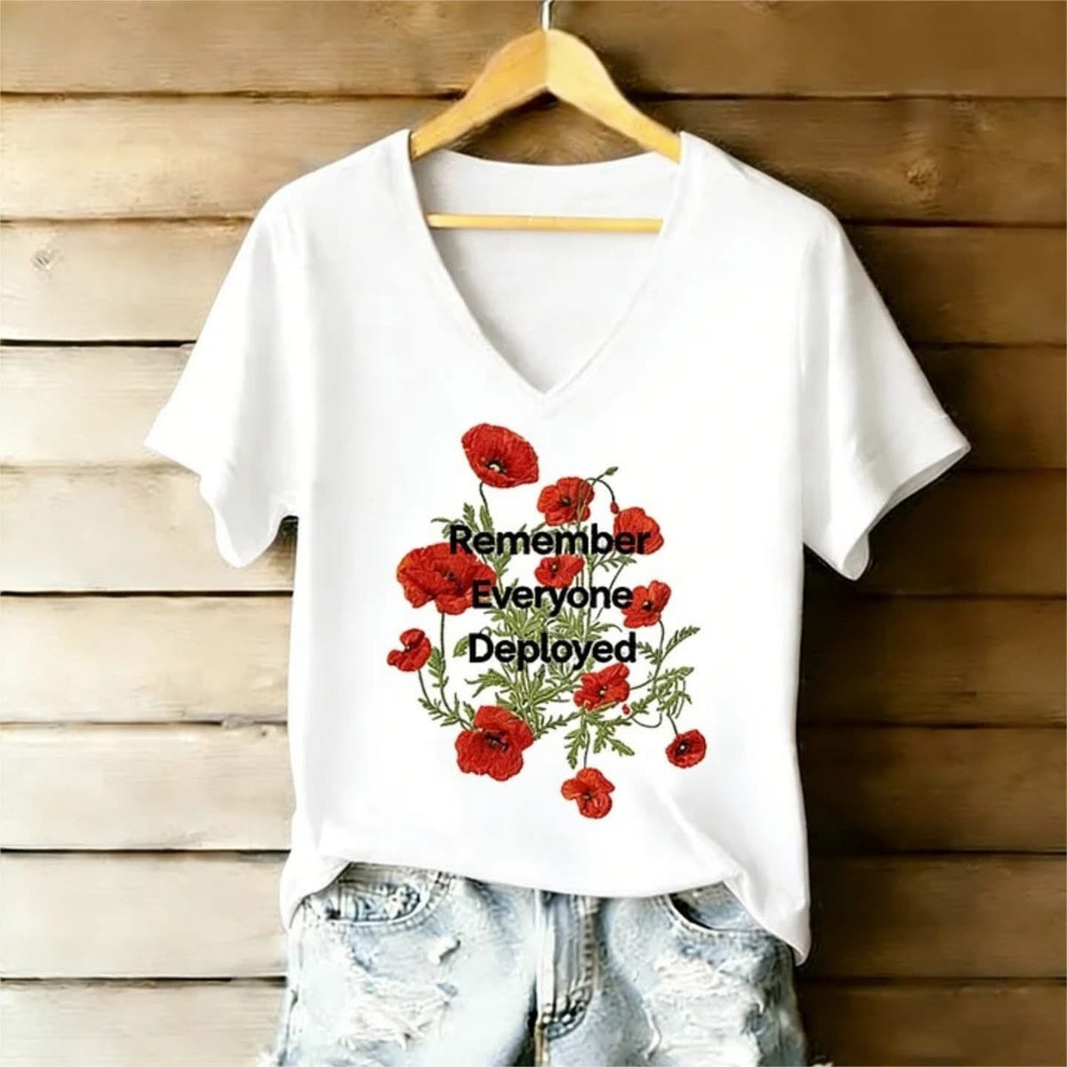 Remember Everyone Deployed Red Poppy V-Neck Shirt RED Friday Merch Gift for Military Families - Otakuforge
