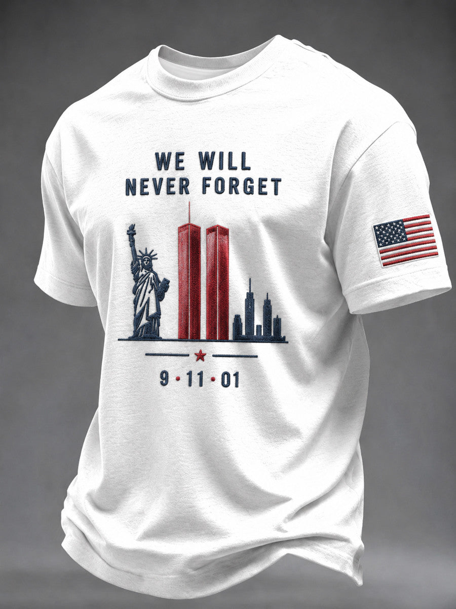 We Will Never Forget T-Shirt 9 11 01 Twin Towers Statue Of Liberty American Merch - Otakuforge