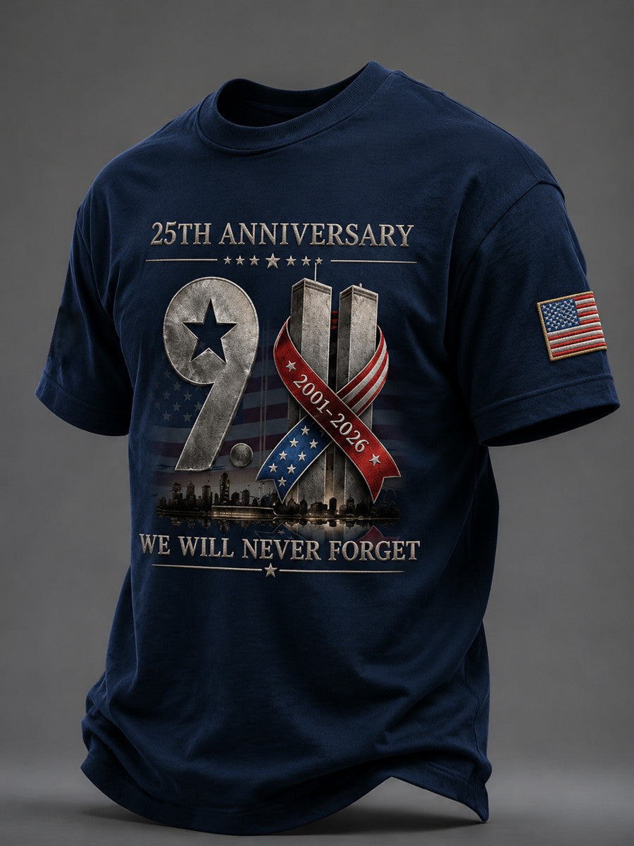 25th Anniversary 9 11 We Will Never Forget T-Shirt 2001-2026 Twin Towers American Merch - Otakuforge