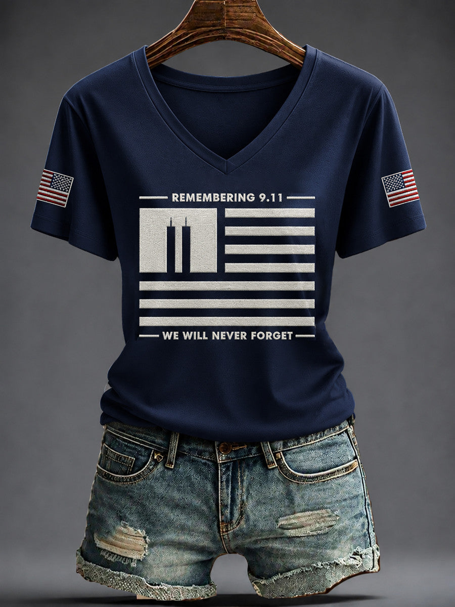Remembering 9 11 We Will Never Forget V-Neck Shirt Twin Towers American Merch Gift For Her - Otakuforge