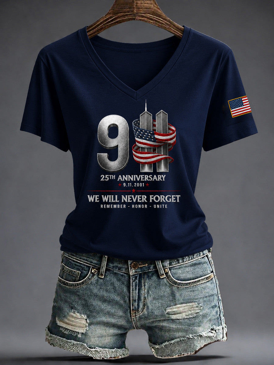 We Will Never Forget V-Neck Shirt 9 11 2001 Remember Honor Unite Merch Unique Patriotic Gifts - Otakuforge